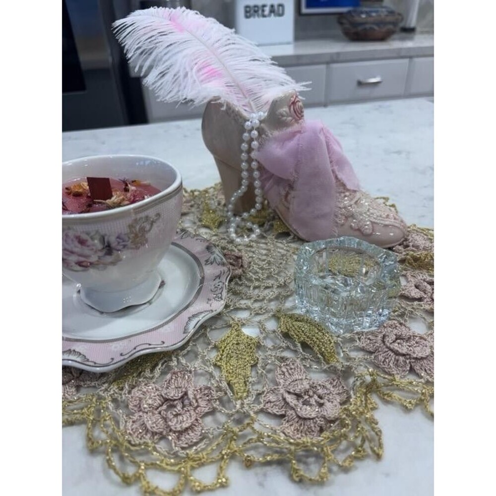 Vintage Style Romantic Tea Vignette Victorian Pink Floral Teacup Shoe Decor Set
